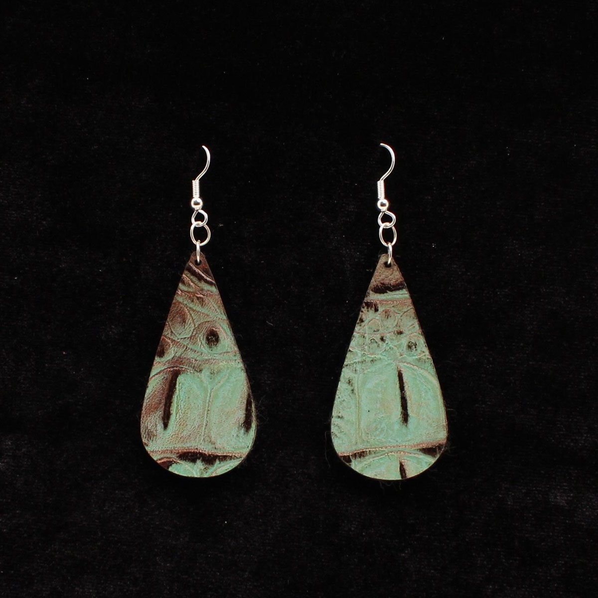 30955 Faux Leather Croco Drop Earrings, Turquoise & Brown