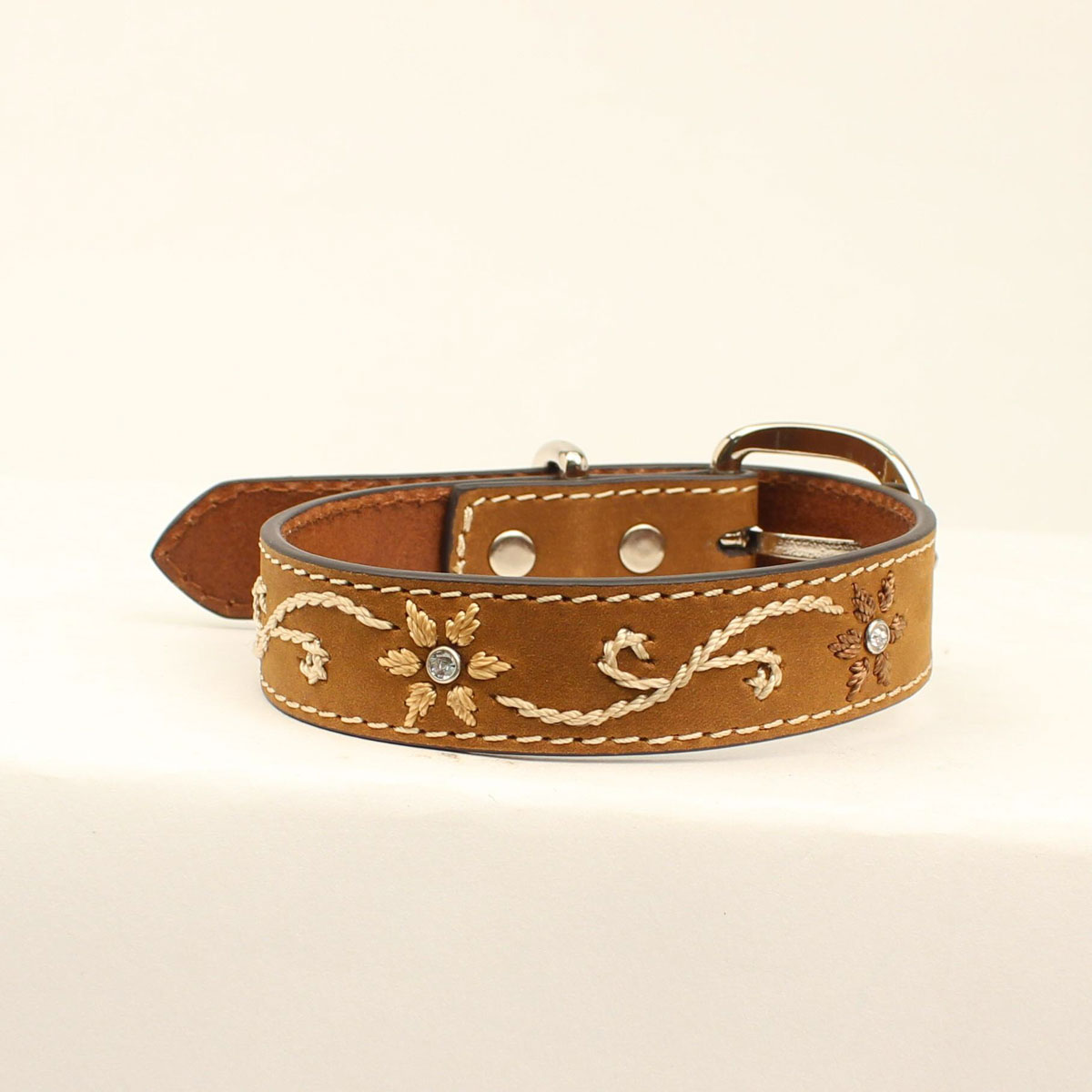 9307944-s 0.87 In. Floral Scroll Stitching Rhinestones Dog Collar, Medium Brown - Small