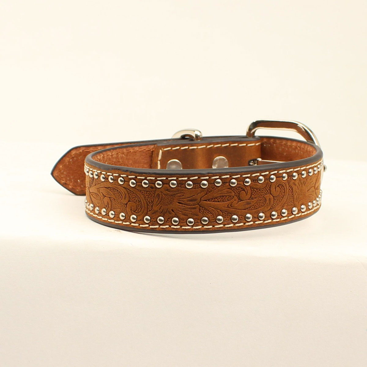 9308202-l 0.87 In. Floral Embossing Nailheads Dog Collar, Brown - Large