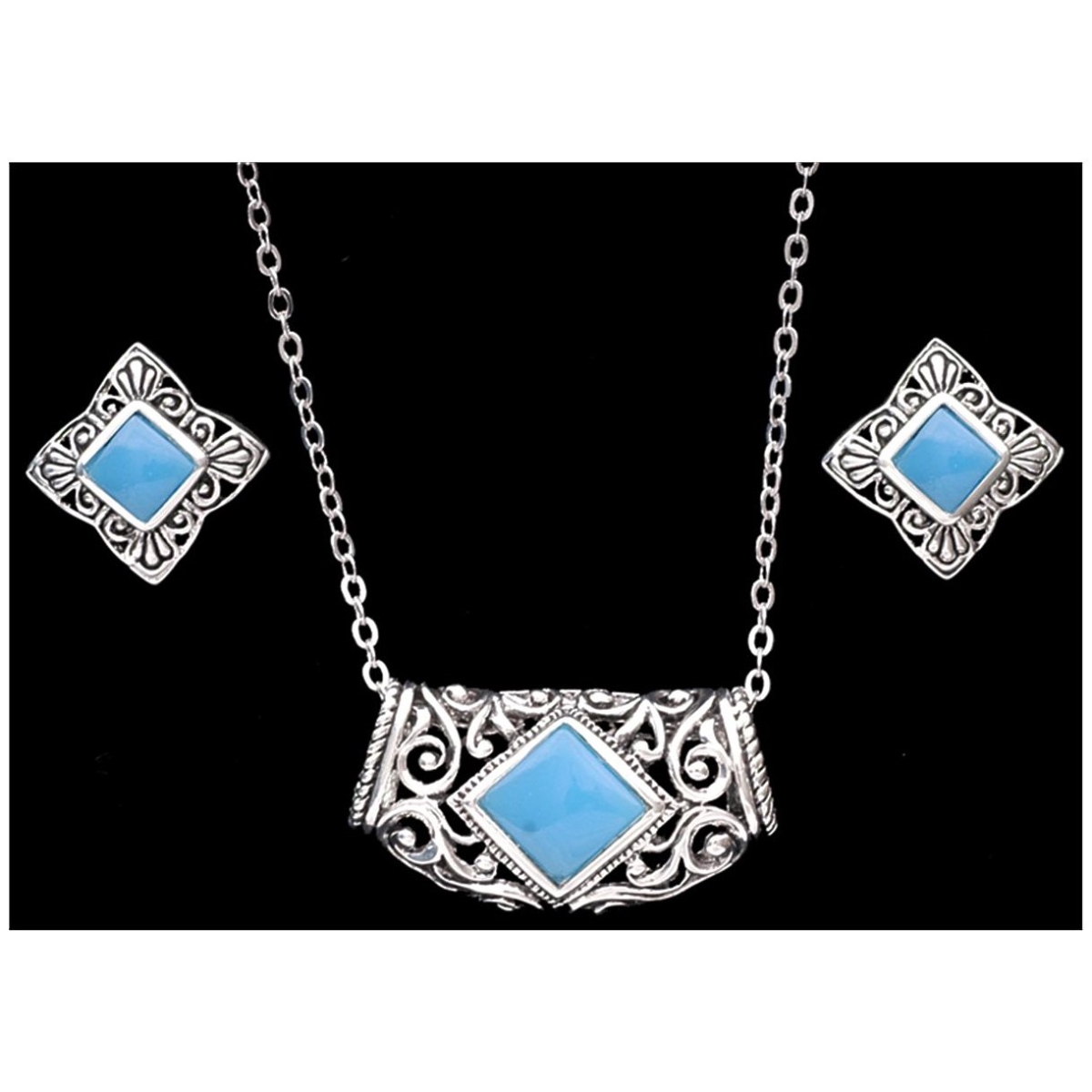 Den1000 Silver With Turquoise Stones Filigree Scroll Necklace