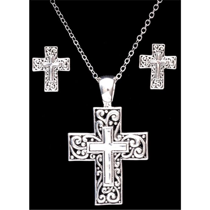 Den1130 Filigree With Smooth Cross Necklace & Earring Set