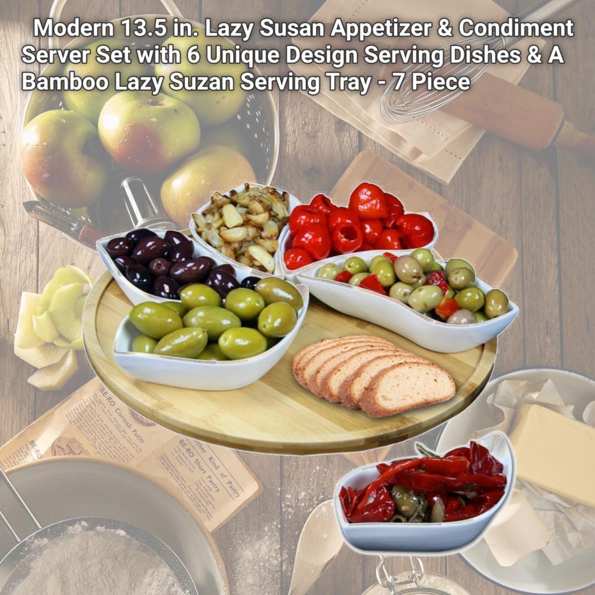 Picture of Elama Signature EL-170 Modern 13.5 in. Lazy Susan Appetizer & Condiment Server Set with 6 Unique Design Serving Dishes & A Bamboo Lazy Suzan Serving Tray - 7 Piece