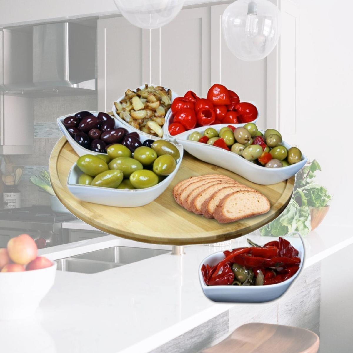 Picture of Elama Signature EL-170 Modern 13.5 in. Lazy Susan Appetizer & Condiment Server Set with 6 Unique Design Serving Dishes & A Bamboo Lazy Suzan Serving Tray - 7 Piece