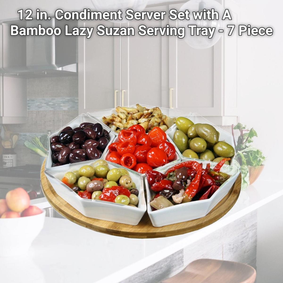 Picture of Elama Signature EL-190 12 in. Condiment Server Set with A Bamboo Lazy Suzan Serving Tray - 7 Piece