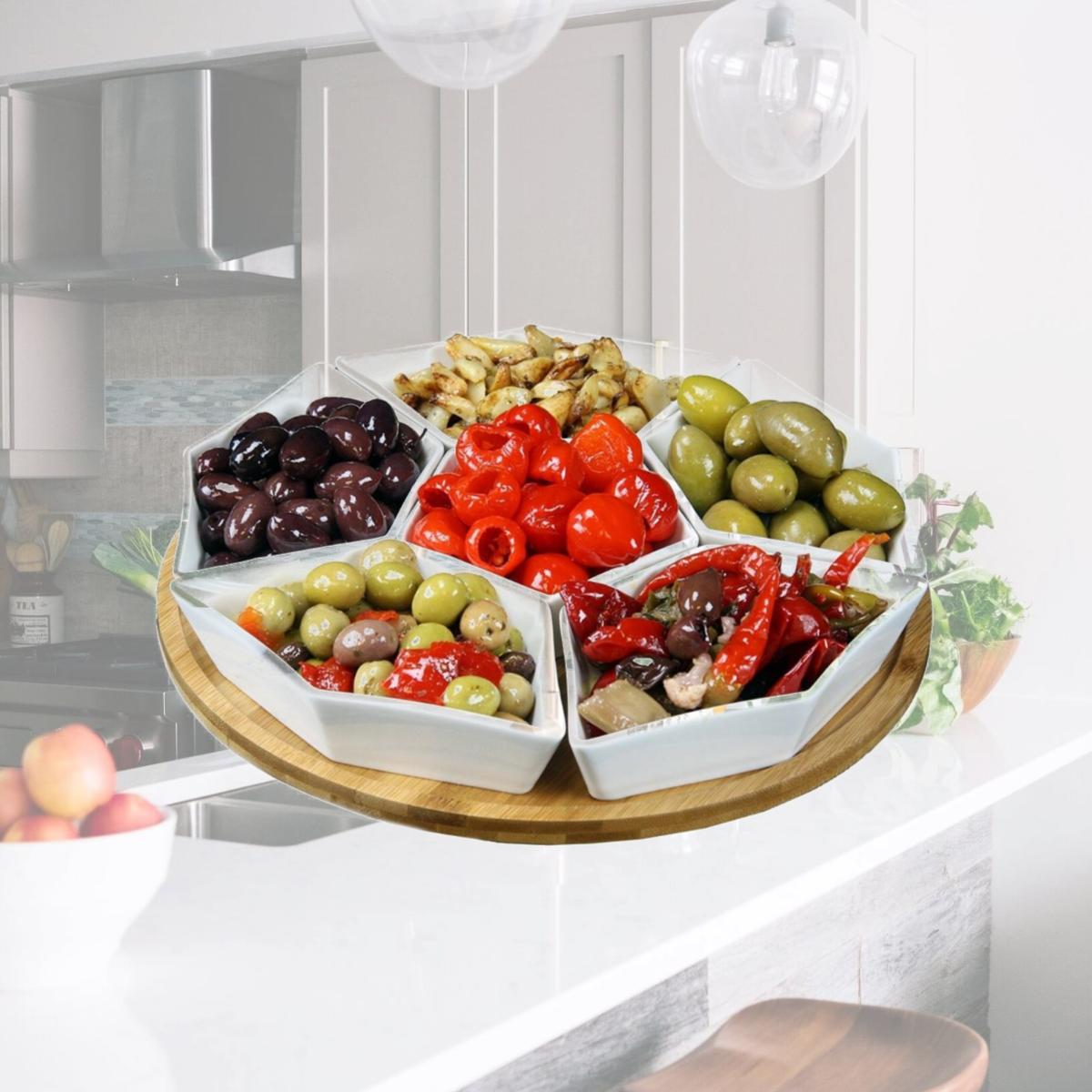 Picture of Elama Signature EL-190 12 in. Condiment Server Set with A Bamboo Lazy Suzan Serving Tray - 7 Piece