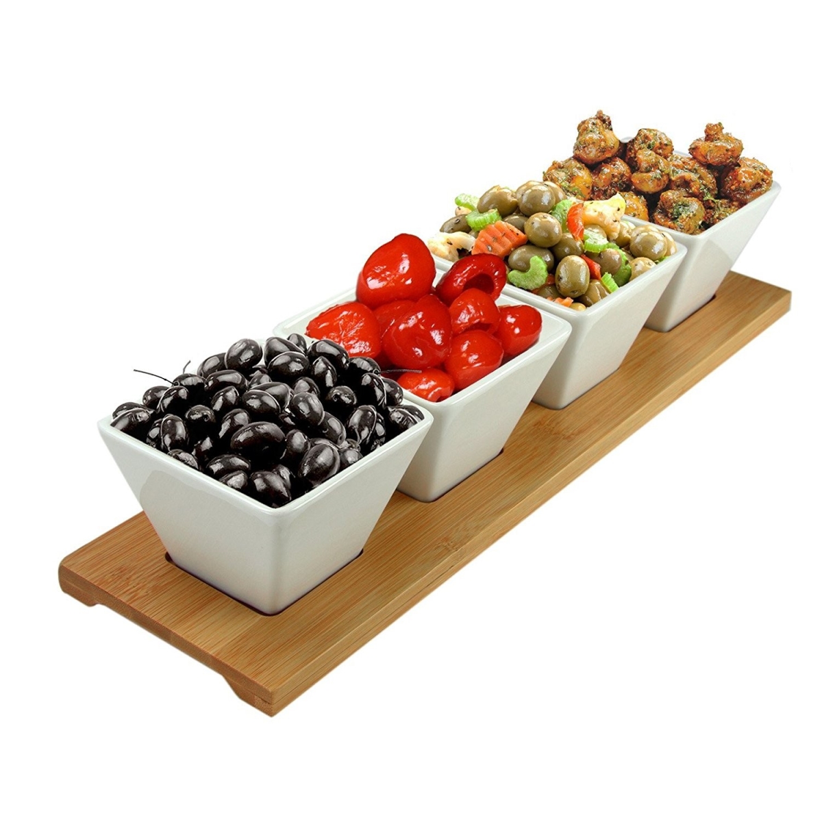El-232 Modern Appetizer & Condiment Server With 4 Serving Dishes & A Bamboo Serving Block - 5 Piece