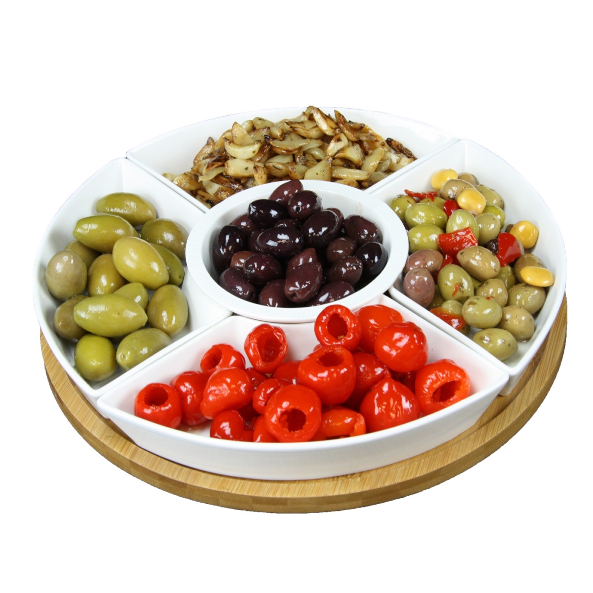 12.25 In. 6 Piece Lazy Susan Appetizer & Condiment Server Set With 5 Serving Dishes & A Bamboo Lazy Suzan Serving Tray