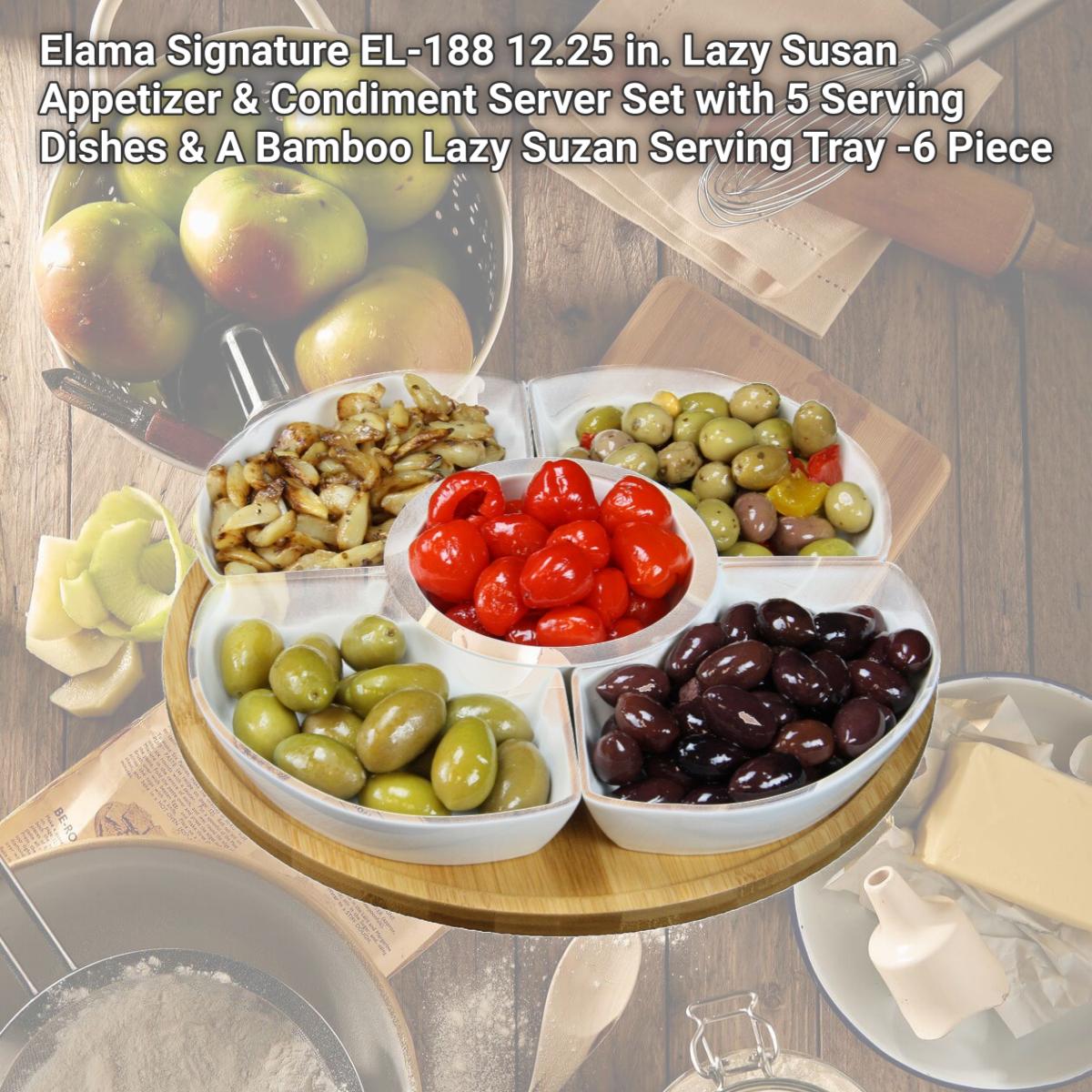 Picture of Elama Signature EL-188 12.25 in. Lazy Susan Appetizer & Condiment Server Set with 5 Serving Dishes & A Bamboo Lazy Suzan Serving Tray -6 Piece