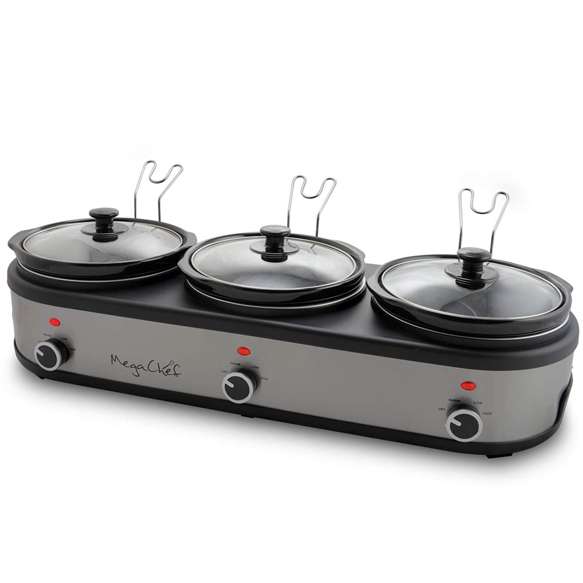 Mc-1203 Triple 2.5 Qt. Slow Cooker & Buffet Server In Brushed With 3 Ceramic Cooking - Silver & Black Finish