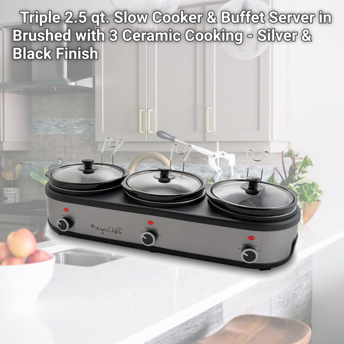 Picture of Megachef MC-1203 Triple 2.5 qt. Slow Cooker & Buffet Server in Brushed with 3 Ceramic Cooking - Silver & Black Finish