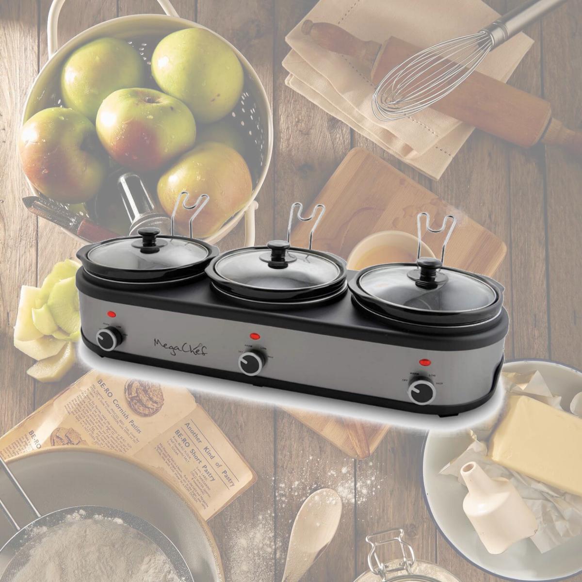Picture of Megachef MC-1203 Triple 2.5 qt. Slow Cooker & Buffet Server in Brushed with 3 Ceramic Cooking - Silver & Black Finish