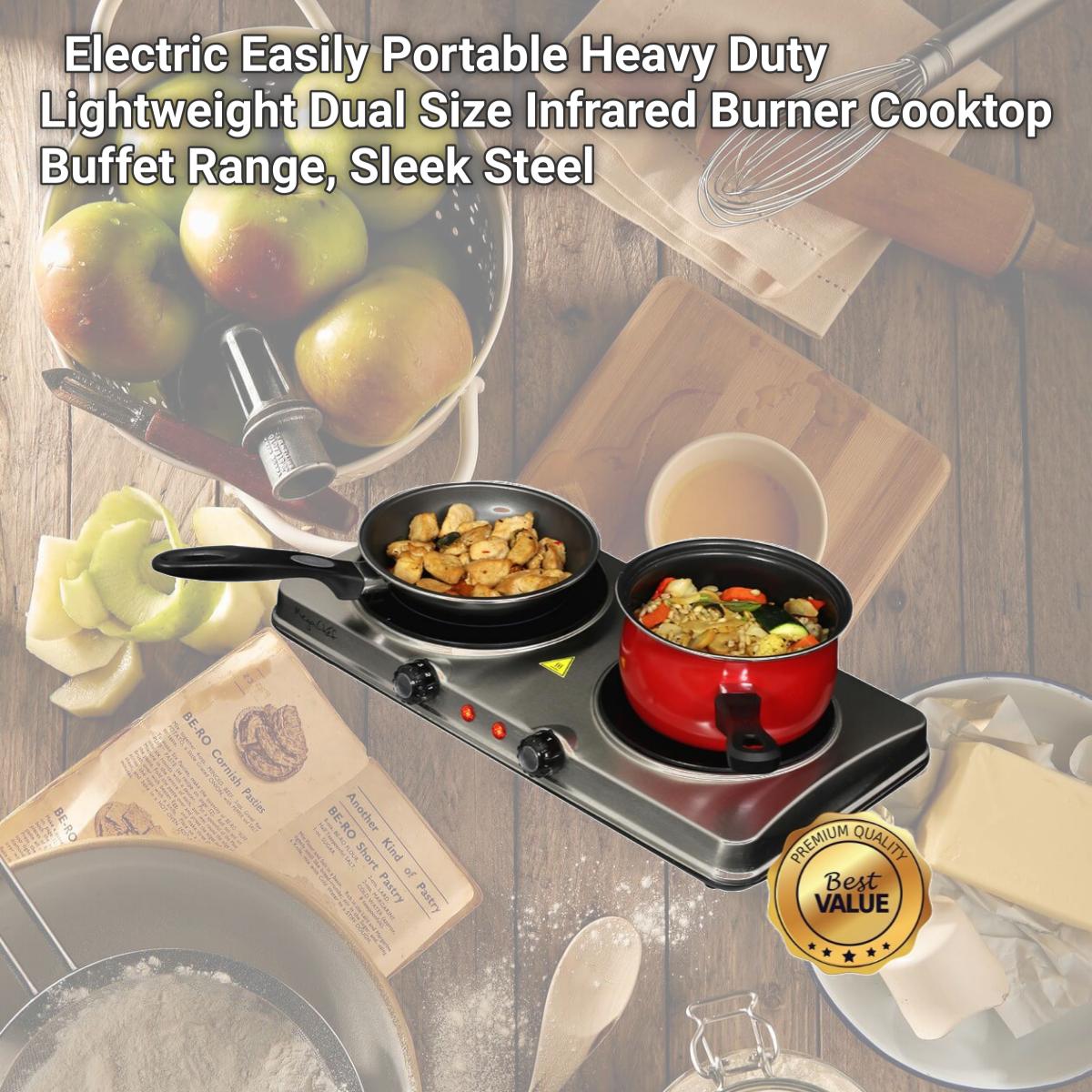 Picture of MegaChef MC-6206A-RB Electric Easily Portable Heavy Duty Lightweight Dual Size Infrared Burner Cooktop Buffet Range, Sleek Steel