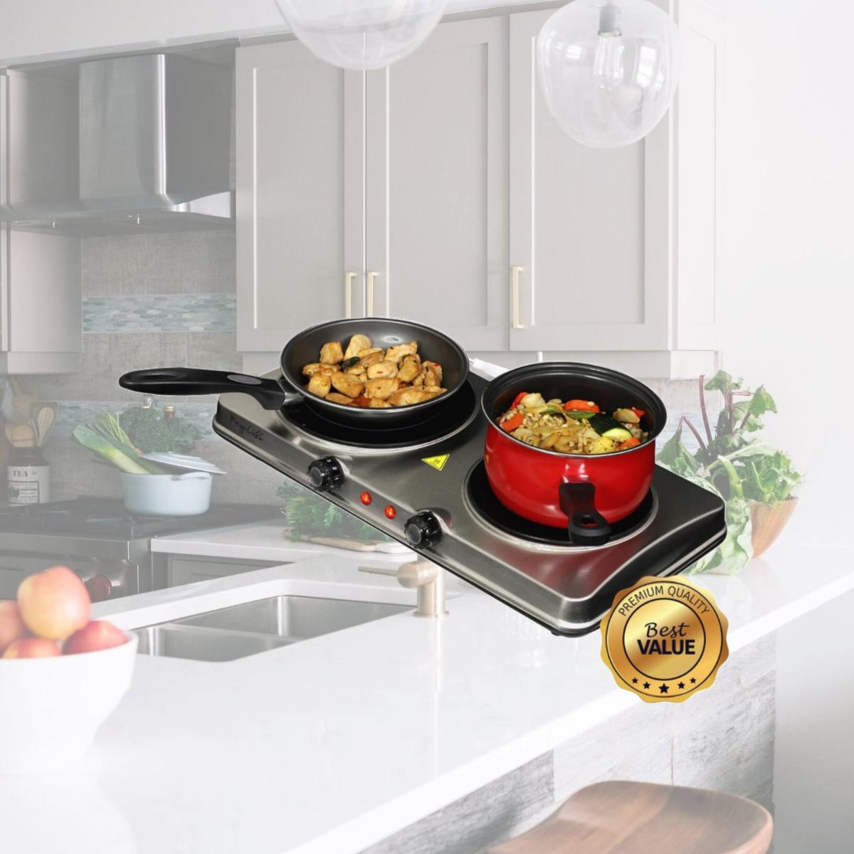 Picture of MegaChef MC-6206A-RB Electric Easily Portable Heavy Duty Lightweight Dual Size Infrared Burner Cooktop Buffet Range, Sleek Steel