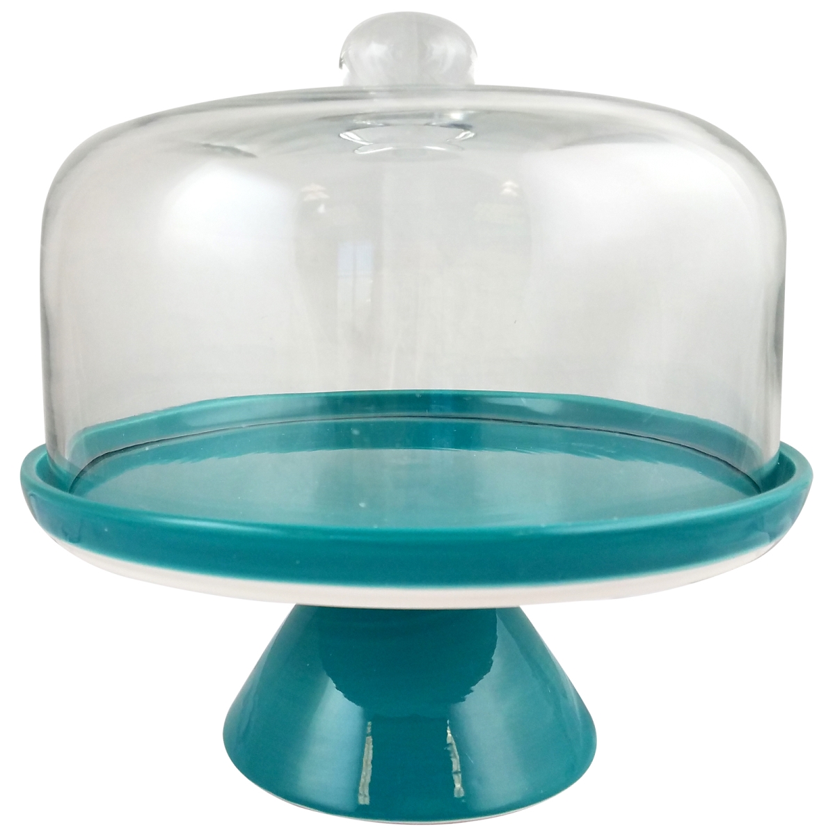 116808.02 Ceramic Nordic Cool Cake Stand With Glass Dome - Teal