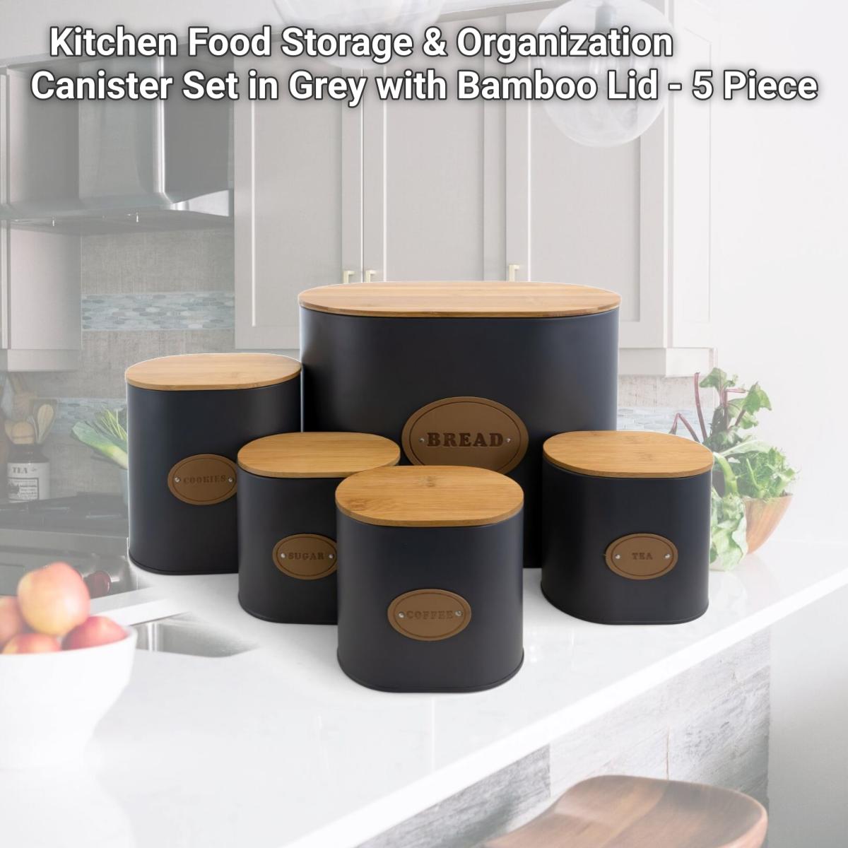 Picture of MegaChef MG-446 Kitchen Food Storage & Organization Canister Set in Grey with Bamboo Lid - 5 Piece