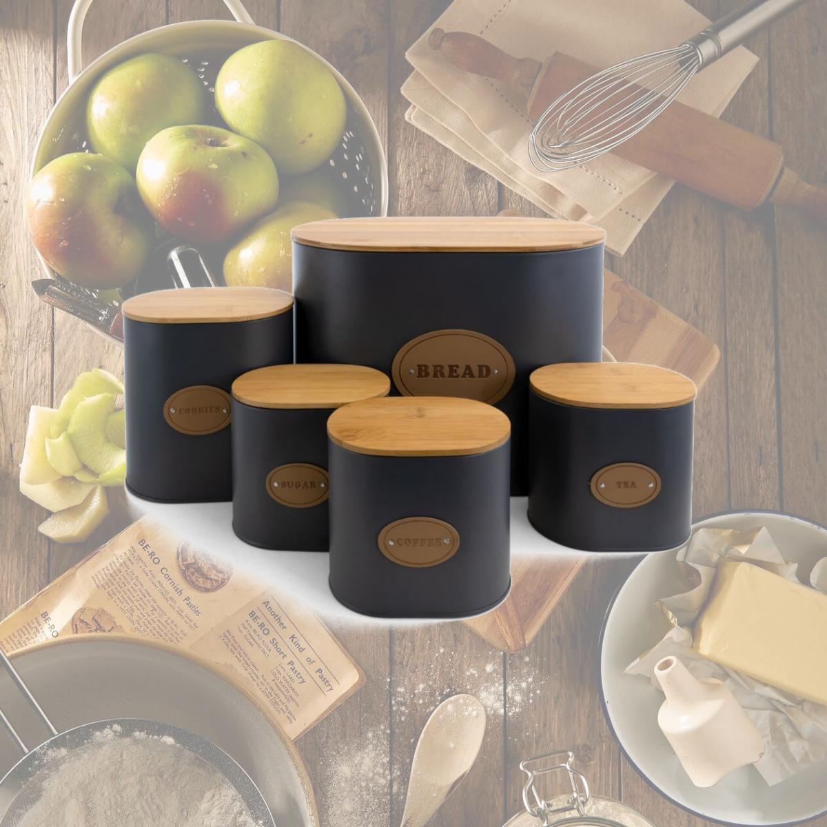 Picture of MegaChef MG-446 Kitchen Food Storage & Organization Canister Set in Grey with Bamboo Lid - 5 Piece