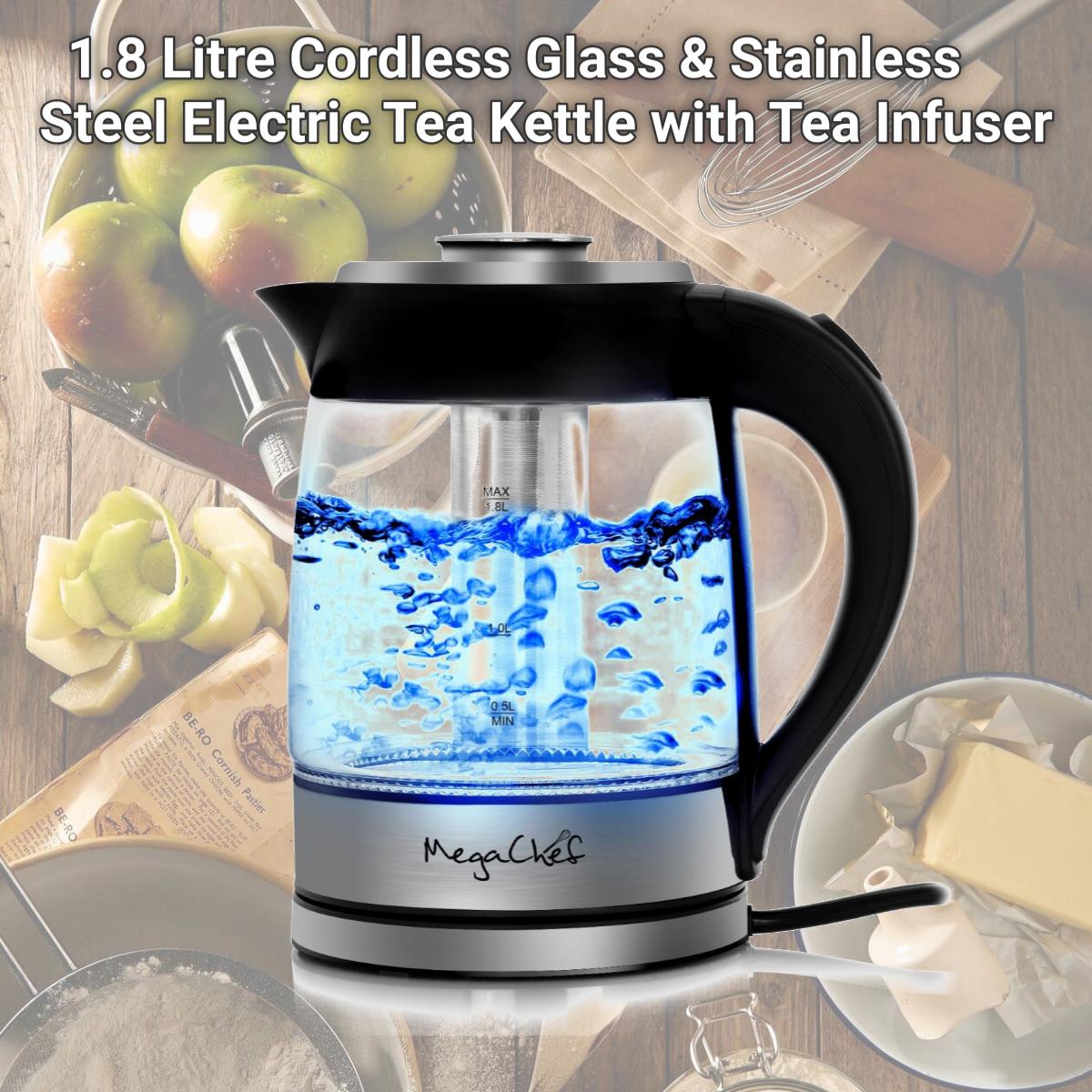 Picture of MegaChef MGKTL-1777 1.8 Litre Cordless Glass & Stainless Steel Electric Tea Kettle with Tea Infuser
