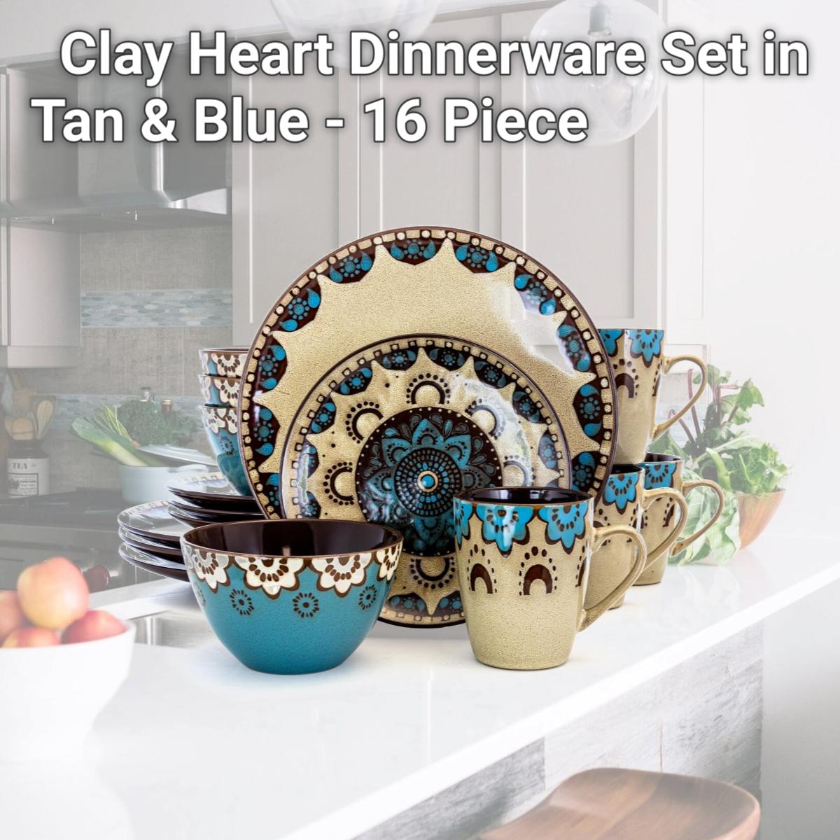 Picture of Elama EL-CLAYHEART16 Clay Heart Dinnerware Set in Tan & Blue - 16 Piece