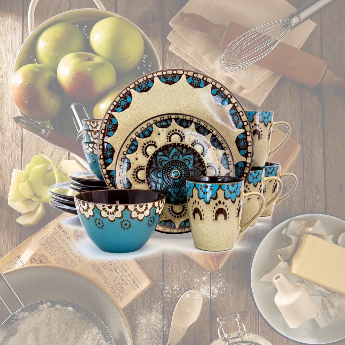 Picture of Elama EL-CLAYHEART16 Clay Heart Dinnerware Set in Tan & Blue - 16 Piece