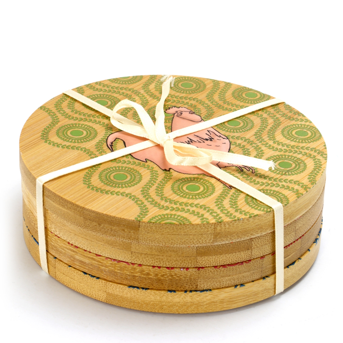 122886.04 Bamboo Coaster Set With Decorative Farm Animals - 4 Piece