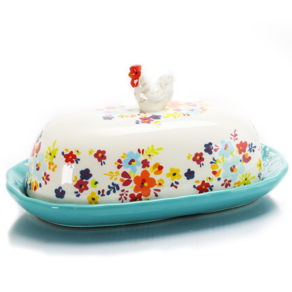 123222.02 8.75 In. Life On The Farm Ceramic Figural Rooster Butter Dish In Teal & Floral
