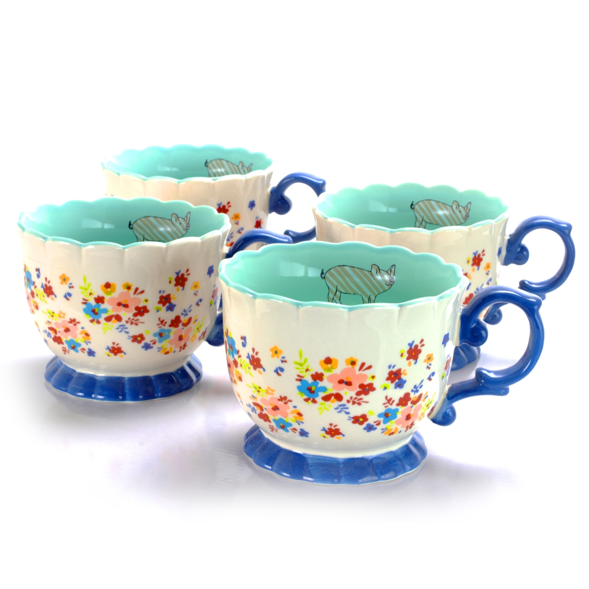 123232.01 20 Oz Life On The Farm Ditzy Floral Ceramic Footed Tea Cup In Cream - Set Of 4