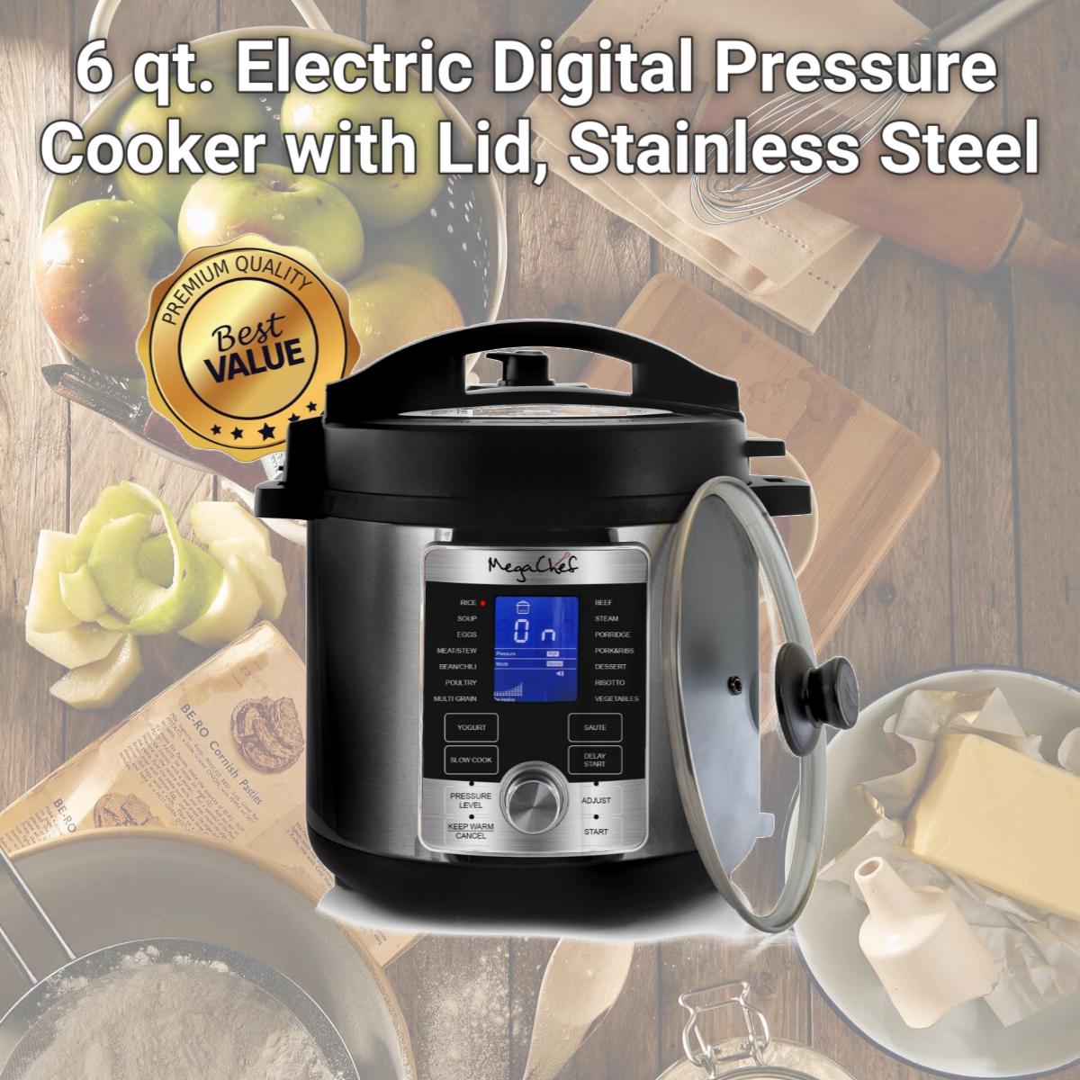 Picture of Megachef MCPR-6100 6 qt. Electric Digital Pressure Cooker with Lid, Stainless Steel