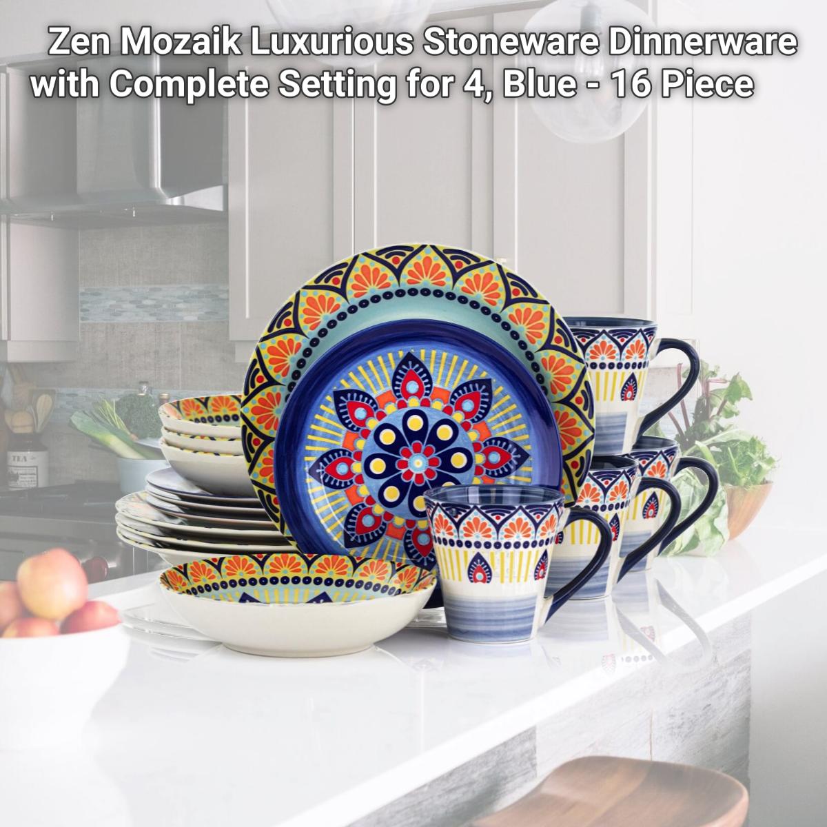 Picture of Elama ELM-ZEN-BLUE-MOZAIK Zen Mozaik Luxurious Stoneware Dinnerware with Complete Setting for 4, Blue - 16 Piece
