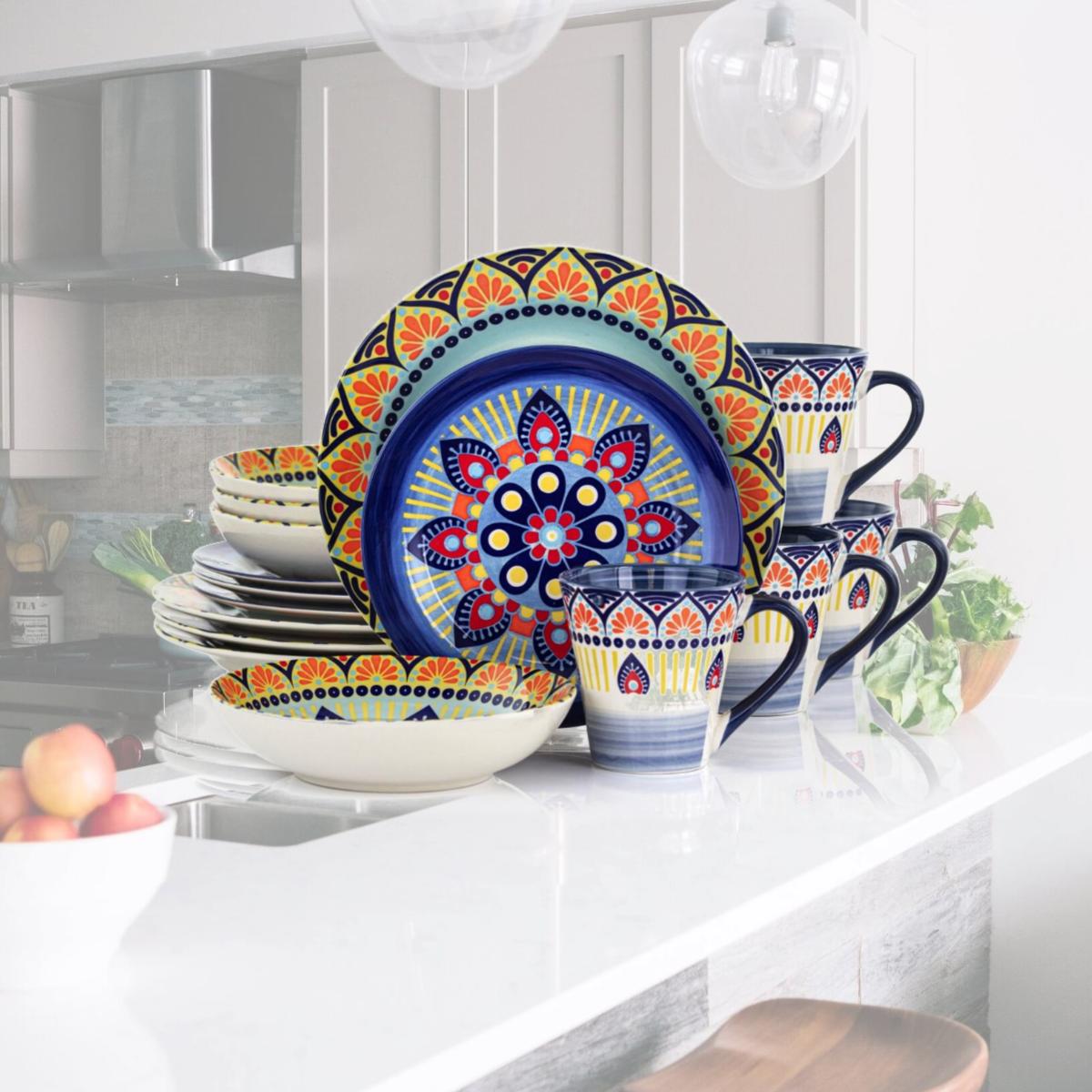 Picture of Elama ELM-ZEN-BLUE-MOZAIK Zen Mozaik Luxurious Stoneware Dinnerware with Complete Setting for 4, Blue - 16 Piece