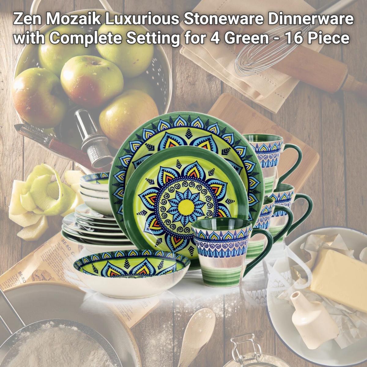 Picture of Elama ELM-ZEN-GREEN-MOZAIK Zen Mozaik Luxurious Stoneware Dinnerware with Complete Setting for 4, Green - 16 Piece