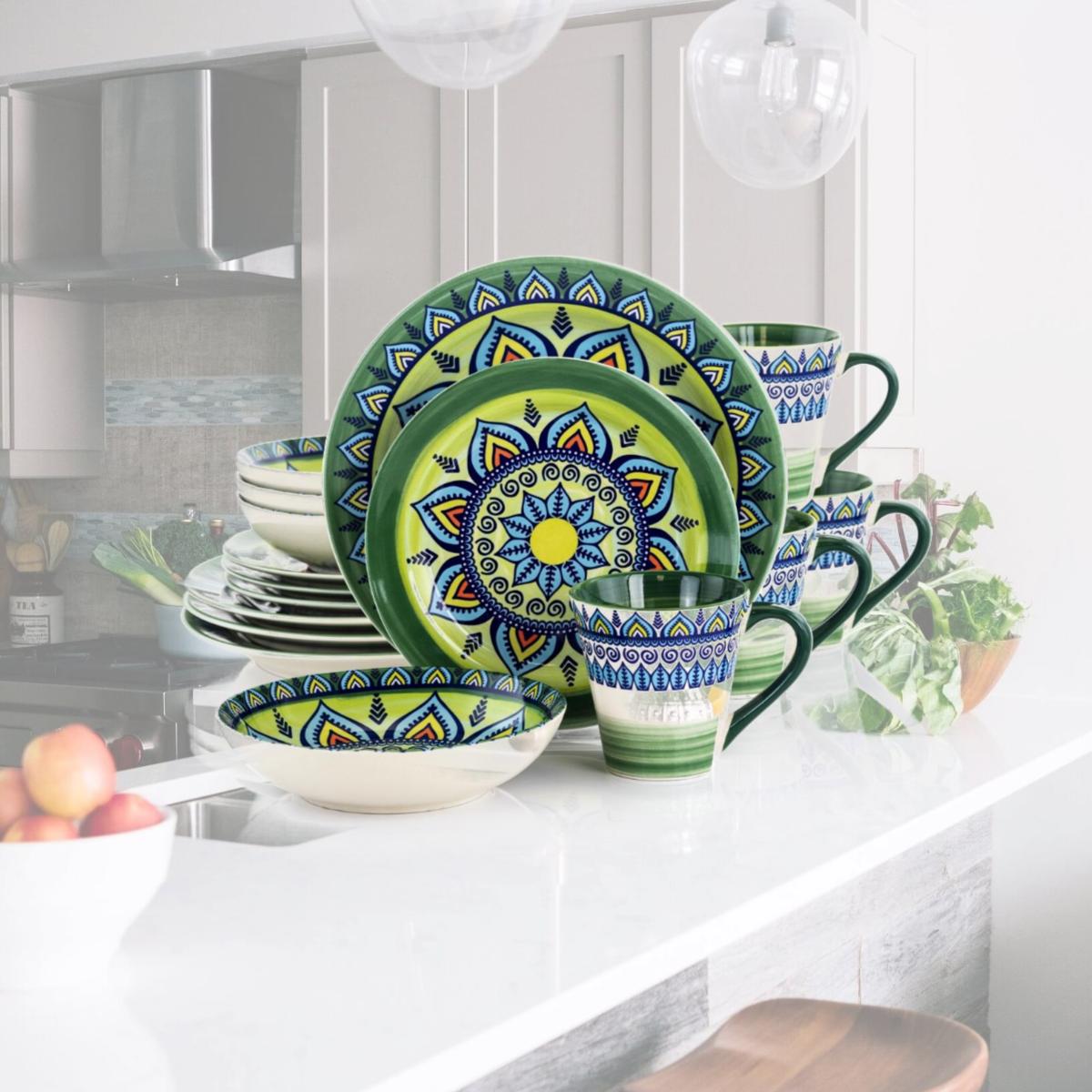 Picture of Elama ELM-ZEN-GREEN-MOZAIK Zen Mozaik Luxurious Stoneware Dinnerware with Complete Setting for 4, Green - 16 Piece