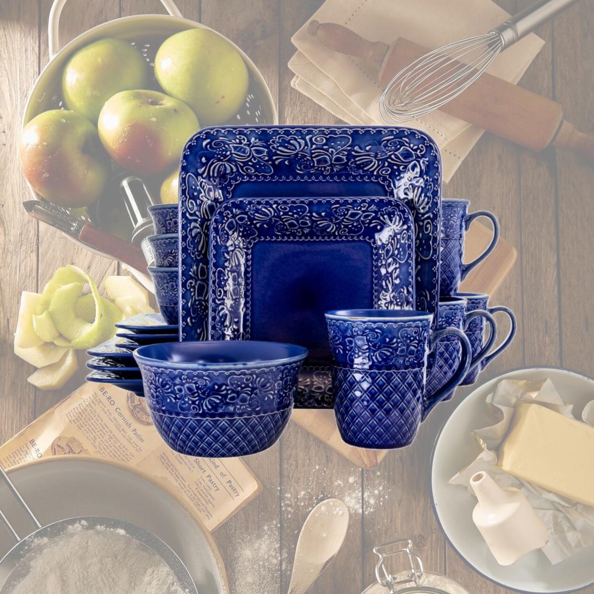Picture of Elama EL-INDIGOLOTUS Indigo Lotus Square Dinnerware Set - 16 Piece