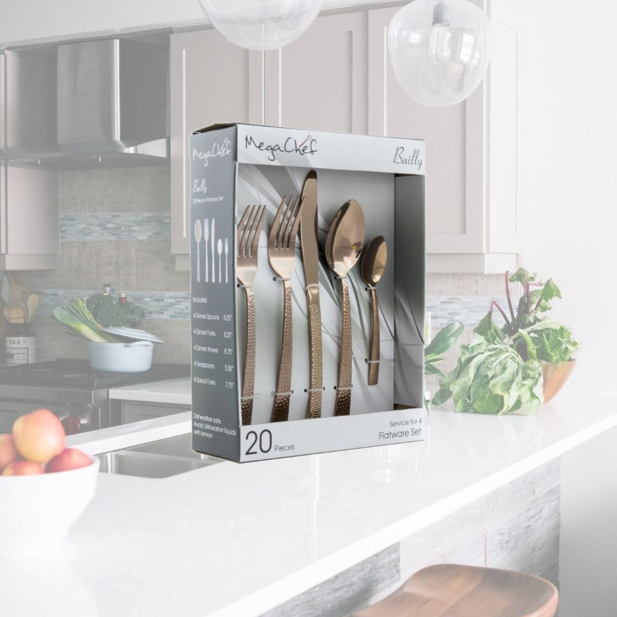 Picture of Megachef MCFW-BAILY-ROSEGOLD 4 in. Baily Flatware Utensil Set with Stainless Steel Silverware Metal Service - Rose Gold - 20 Piece