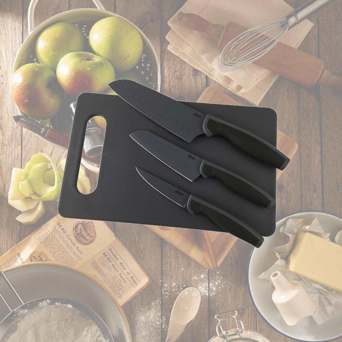 Picture of Oster 92287.04 Slice Craft Cutlery Knife Set with Cutting Board - Black - 4 Piece