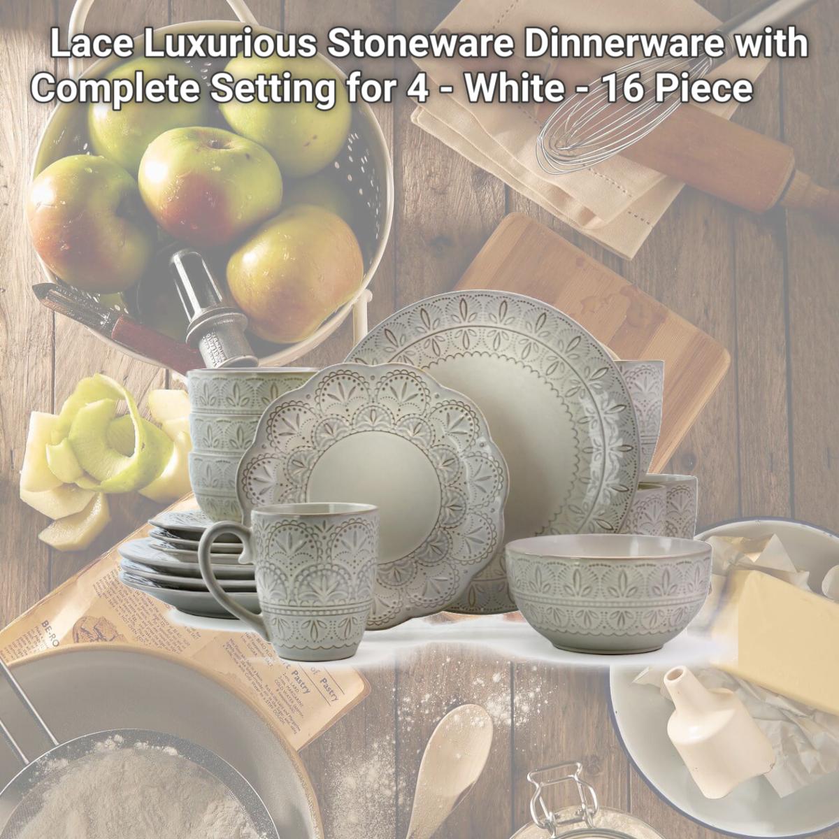 Picture of Elama EL-WHITELACE16 Lace Luxurious Stoneware Dinnerware with Complete Setting for 4 - White - 16 Piece