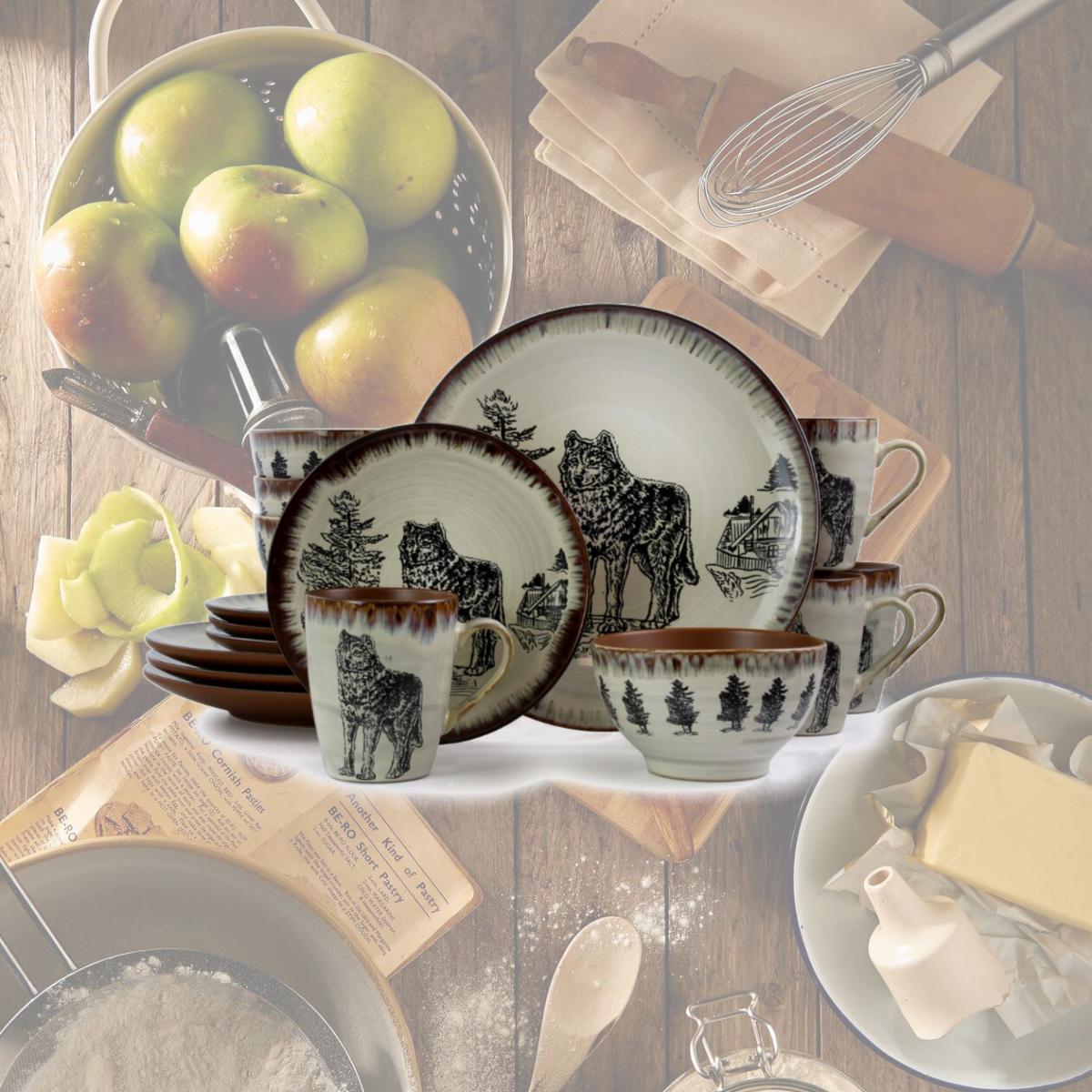 Picture of Elama EL-MAJESTICWOLF16 Majestic Wolf Luxurious Stoneware Dinnerware with Complete Setting for 4 - 16 Piece