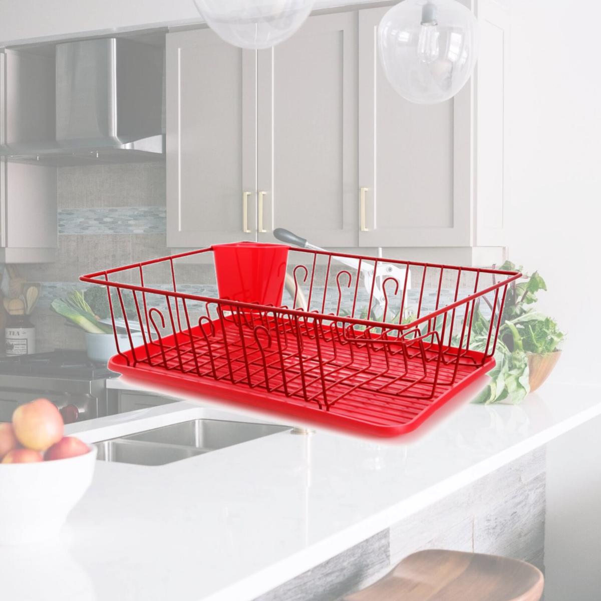 Picture of Mega Chef DR-103 17.5 in. Red Dish Rack with 14 Plate Positioners & A Detachable Utensil Holder