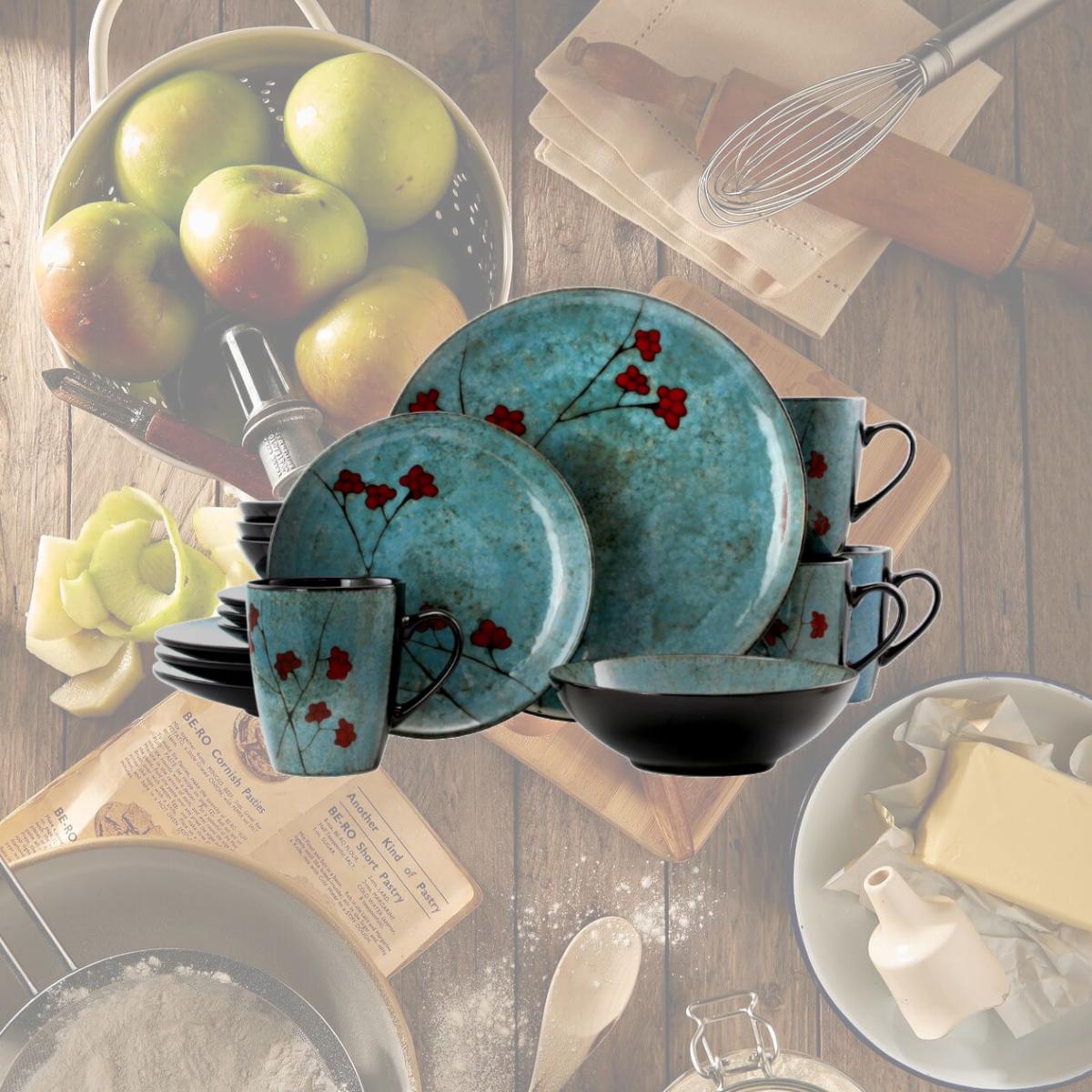 Picture of Elama EL-FLORALACCENTS16 16 Piece Floral Accents Dinnerware Set, Blue