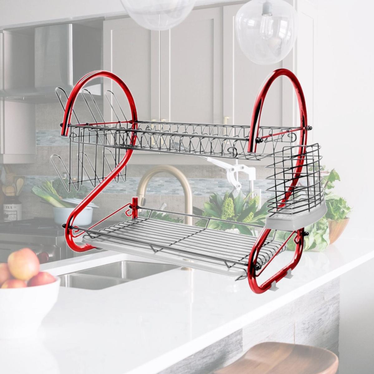 Picture of Megachef DR-116R 16 in. Two Shelf Iron Wire Dish Rack, Red
