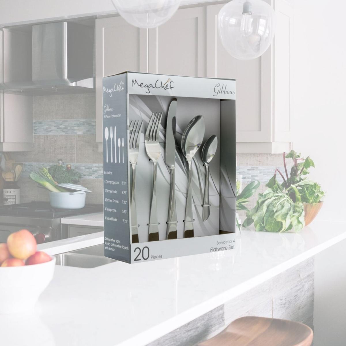 Picture of MegaChef MCFW-GIBBOUS-SILVER Gibbous Flatware Utensil Set, Stainless Steel - Silverware Metal Service for 4 in. Silver - 20 Piece