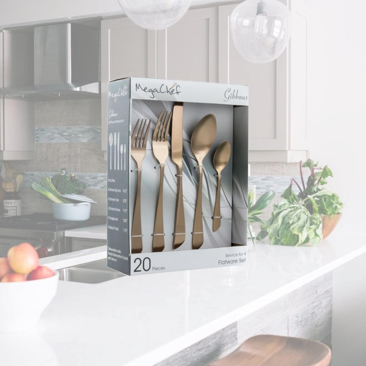 Picture of Megachef MCFW-GIBBOUS-ROSEGOLD 20 Piece Gibbous Flatware Utensil Set with Stainless Steel Silverware Metal Service, Rose Gold Matte