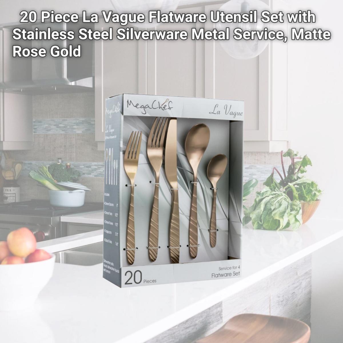 Picture of Megachef MCFW-LA VAGUE-MATTEROSEGOLD 20 Piece La Vague Flatware Utensil Set with Stainless Steel Silverware Metal Service, Matte Rose Gold
