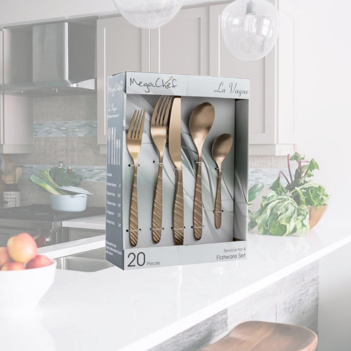 Picture of Megachef MCFW-LA VAGUE-MATTEROSEGOLD 20 Piece La Vague Flatware Utensil Set with Stainless Steel Silverware Metal Service, Matte Rose Gold