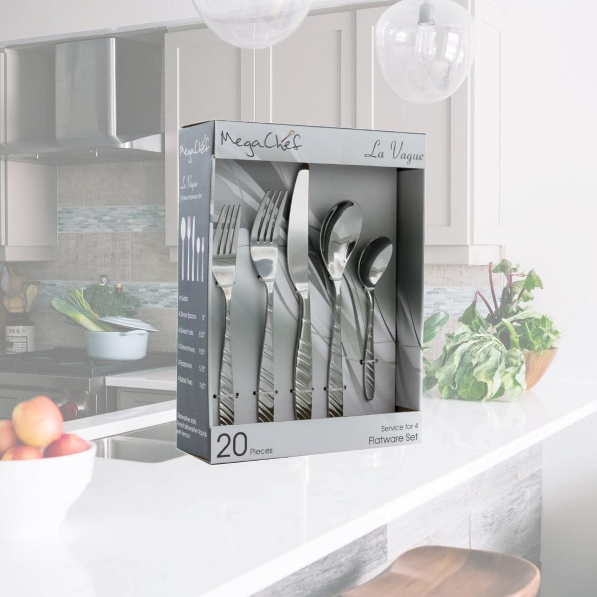Picture of MegaChef MCFW-LA VAGUE-SILVER La Vague Flatware Utensil Set, Stainless Steel - Silverware Metal Service for 4 in. Silver - 20 Piece