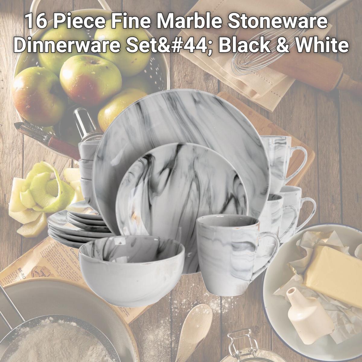 Picture of Elama EL-FINEMARBLE 16 Piece Fine Marble Stoneware Dinnerware Set, Black & White