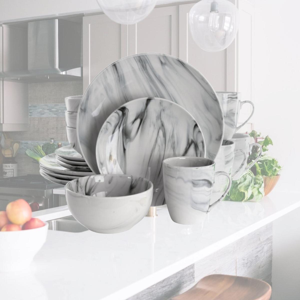 Picture of Elama EL-FINEMARBLE 16 Piece Fine Marble Stoneware Dinnerware Set, Black & White