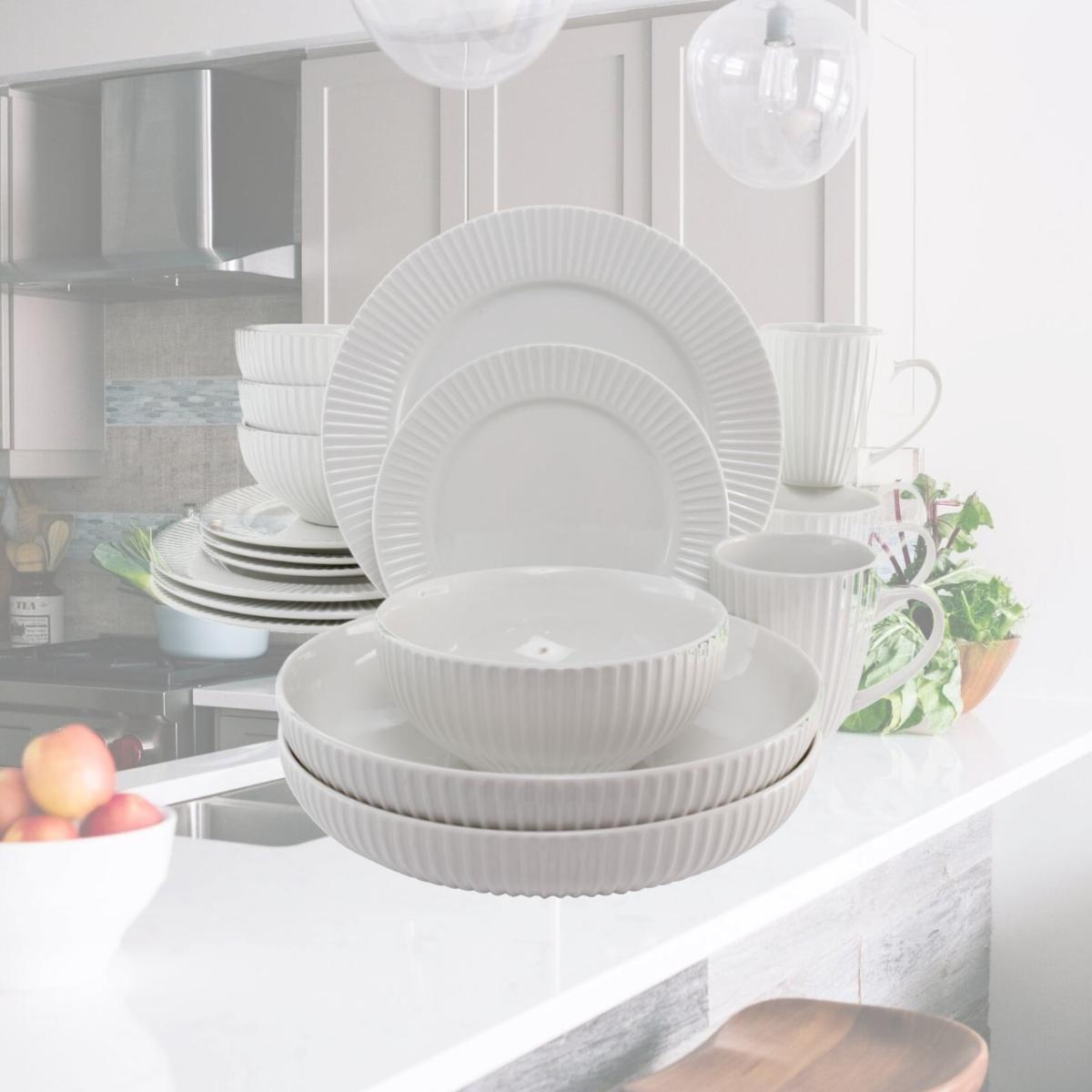 Picture of Elama EL-ELLE 18 Piece Elle Porcelain Dinnerware Set with 2 Large Serving Bowls, White