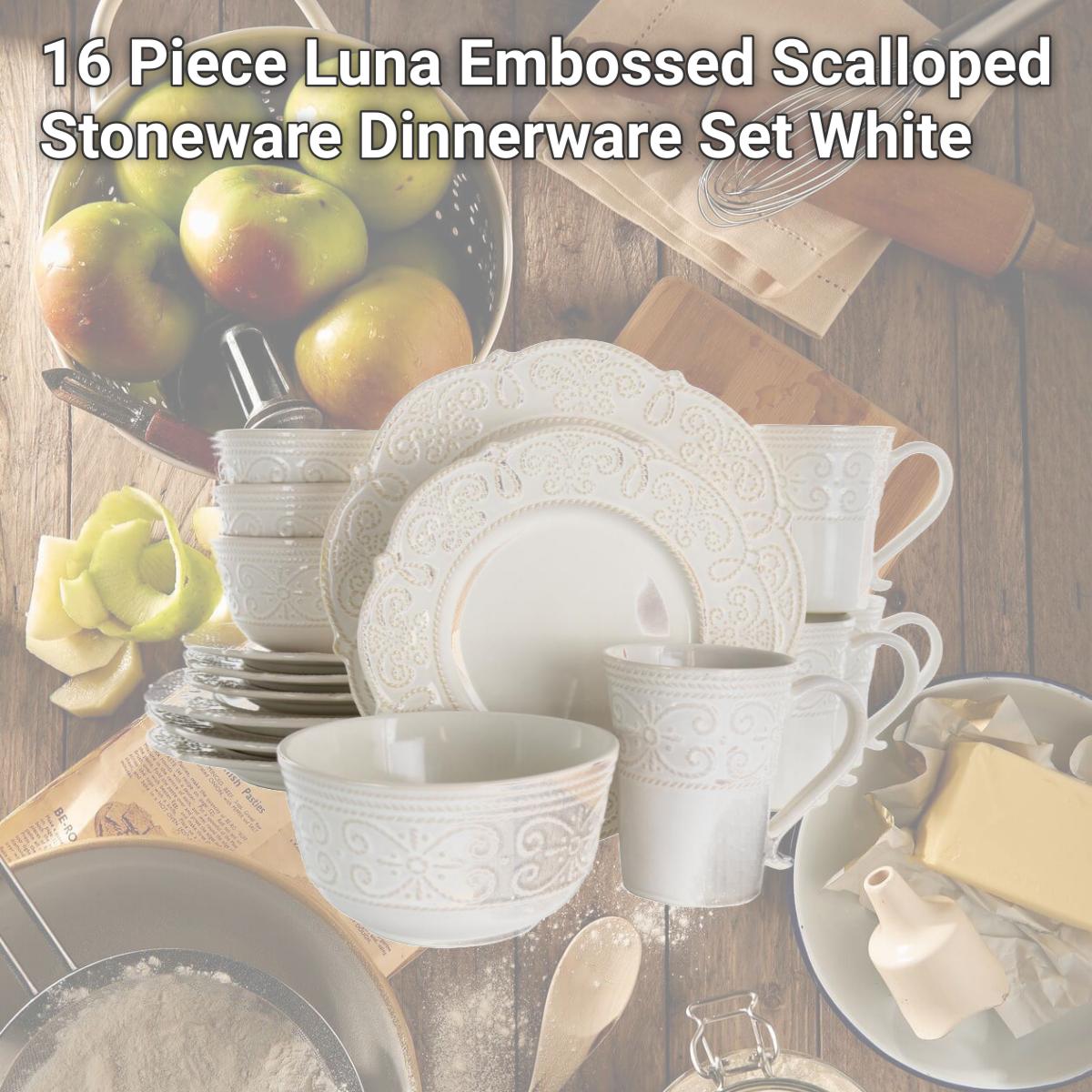 Picture of Elama EL-LUNA16 16 Piece Luna Embossed Scalloped Stoneware Dinnerware Set, White