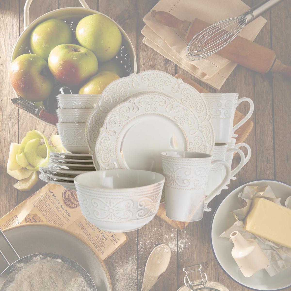 Picture of Elama EL-LUNA16 16 Piece Luna Embossed Scalloped Stoneware Dinnerware Set, White