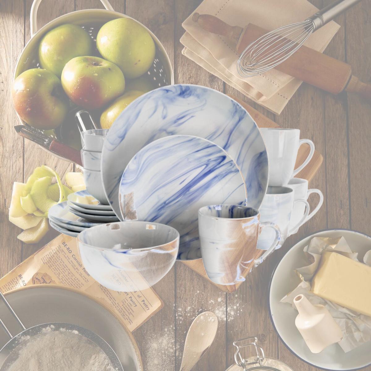 Picture of Elama EL-MBLUE 16 Piece Fine Marble Stoneware Dinnerware Set, Blue & White